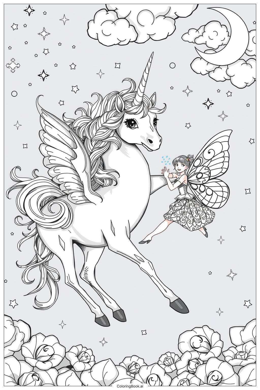  Page de coloriage unicorn et une fée volant ensemble 