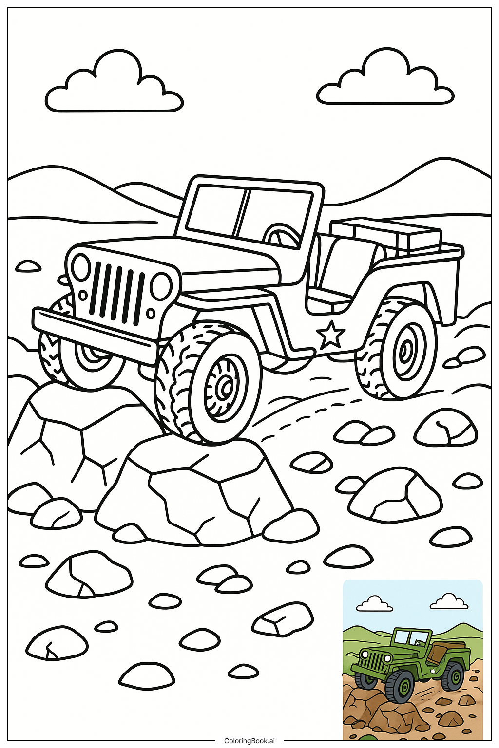 陸軍吉普車穿越岩石地形著色頁