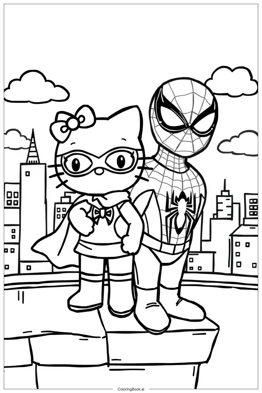  Hallo Kitty und Spider-Man retten den Tag Ausmalseite 