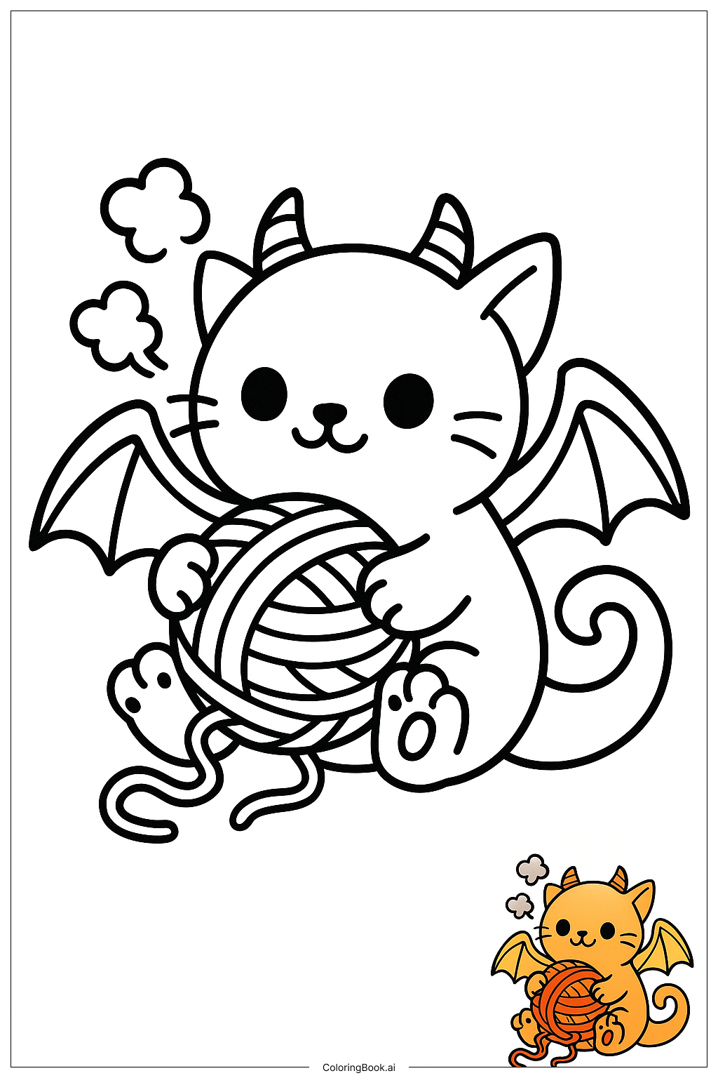  猫のドラゴンと毛糸玉で遊ぶの塗り絵ページ 