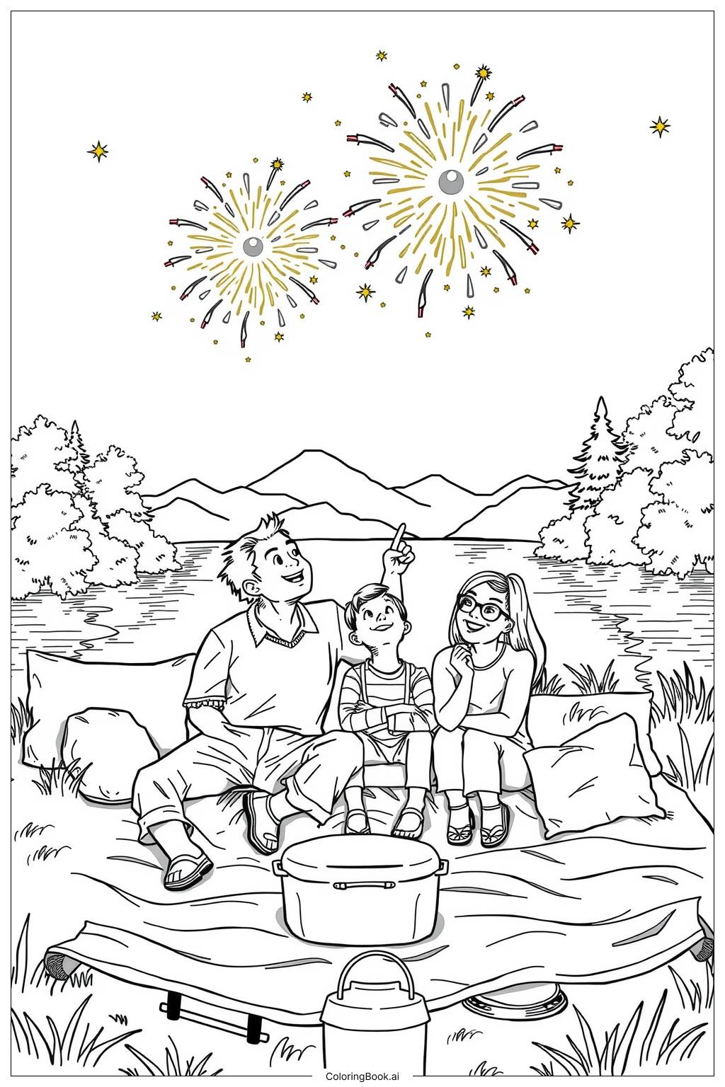  Family Watching Fireworks by the Lake-2 Coloring Page 