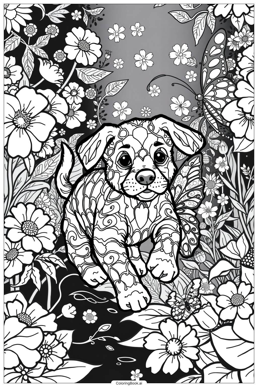  Page de coloriage Chiot poursuivant un papillon 