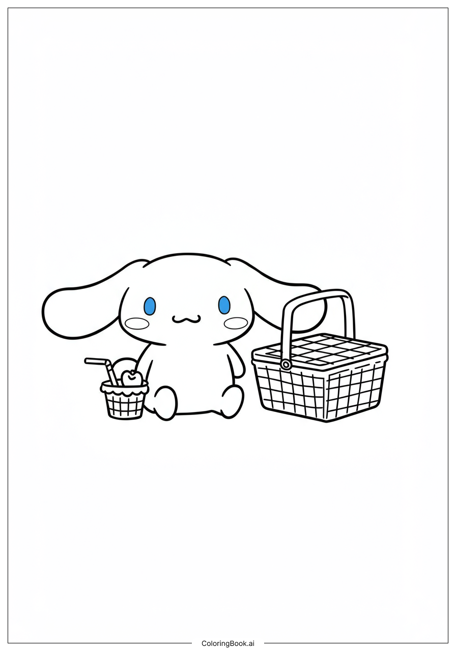  シナモロールのピクニックバスケットパターンの塗り絵ページ 