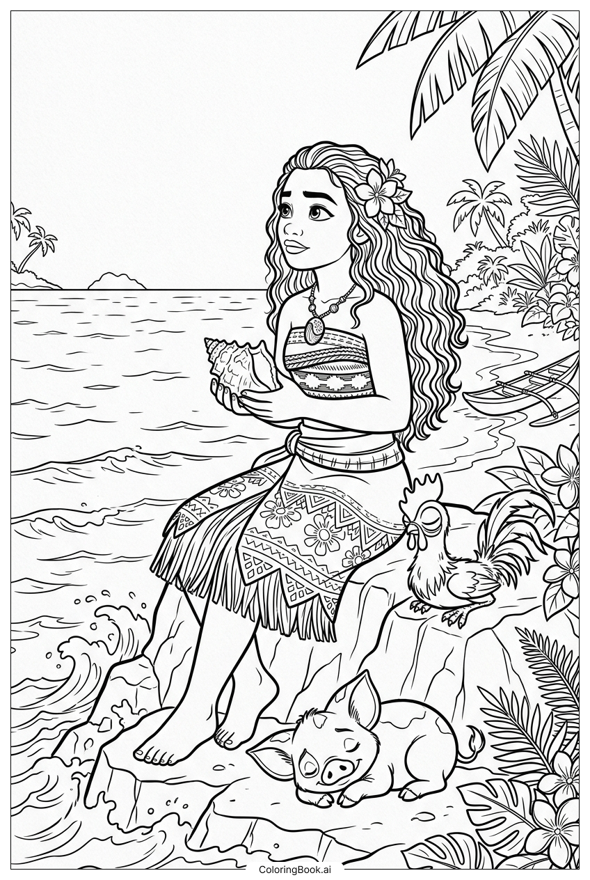 Moana Listening To Ocean In Seashell Coloring Page 