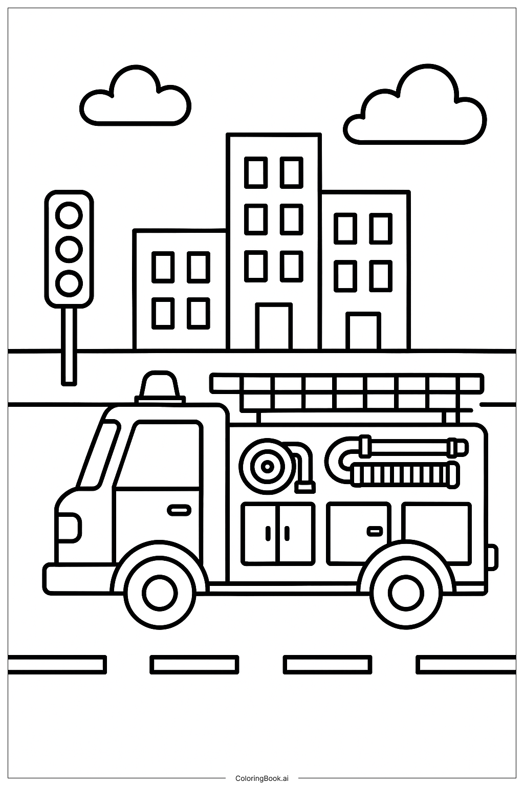 Page de coloriage Camion de pompiers dans la circulation urbaine 