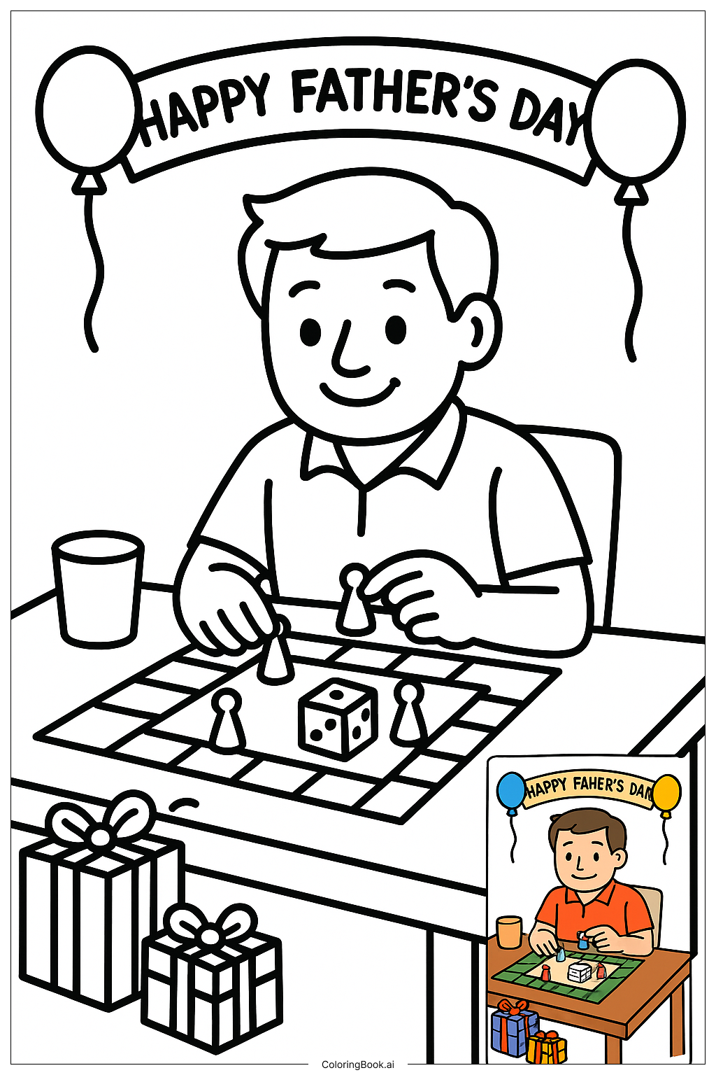  Página para colorir de Papai Brincando de Jogo de Tabuleiro no Dia dos Pais 