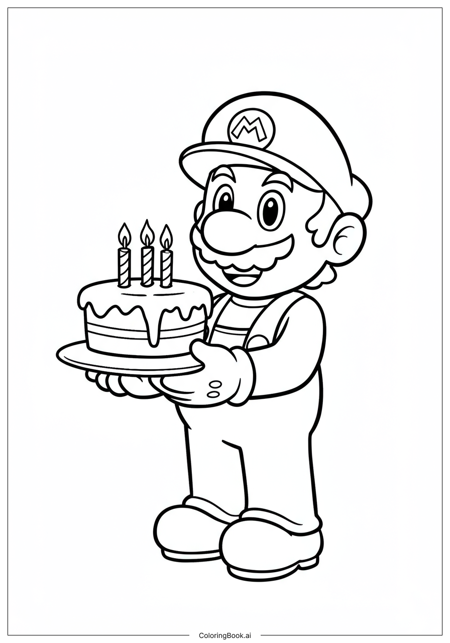  Mario Holding Birthday Cake Coloring Page 