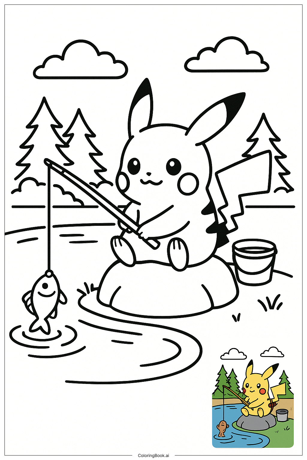  Pikachu Fishing By The Lakeside Coloring Page 
