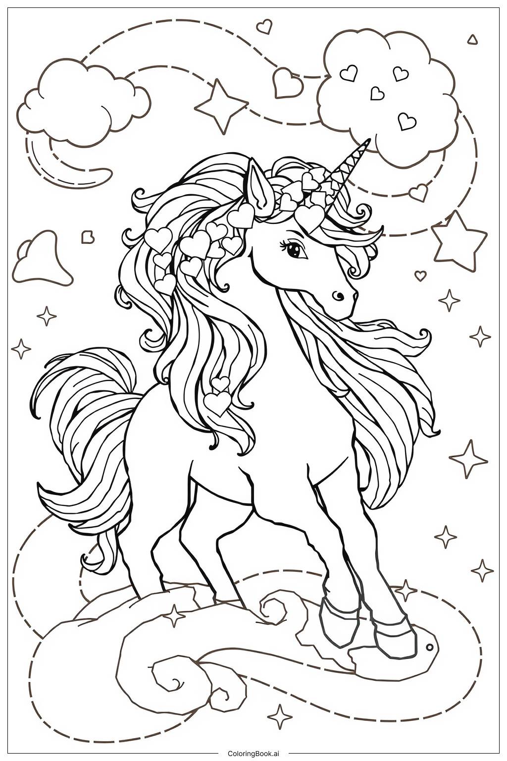  Page de coloriage Rêves de cœur de licorne et de bonbons 