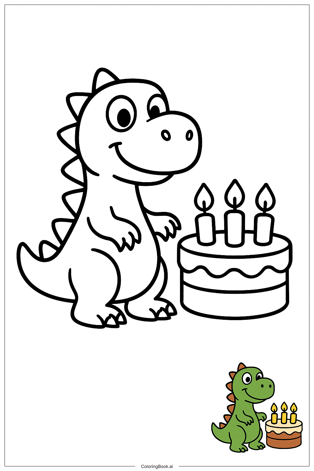  Page de coloriage Dinosaure Avec Bougies de Gâteau d'Anniversaire 