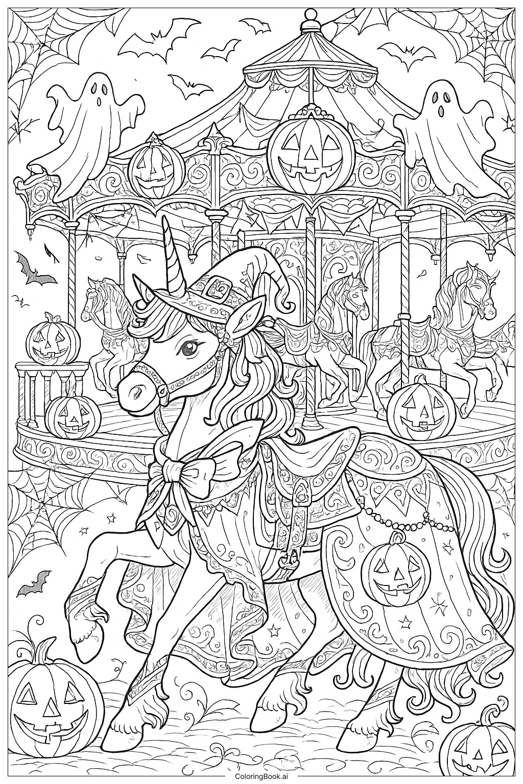  ユニコーンハロウィンと呪われたカルーセルの塗り絵ページ 