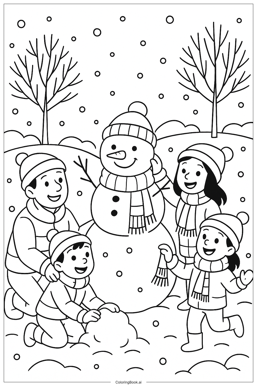  가족 눈 내리는 날 즐기기 색칠공부 페이지 