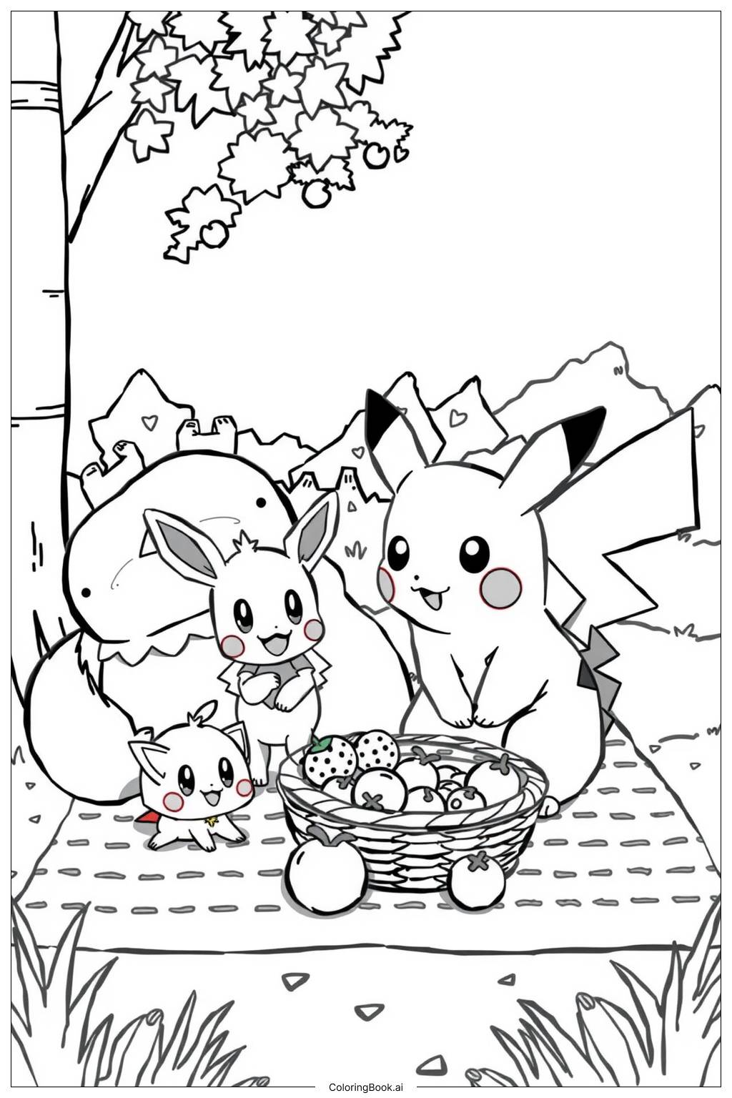  Pikachu and Friends Picnic Day Coloring Page 