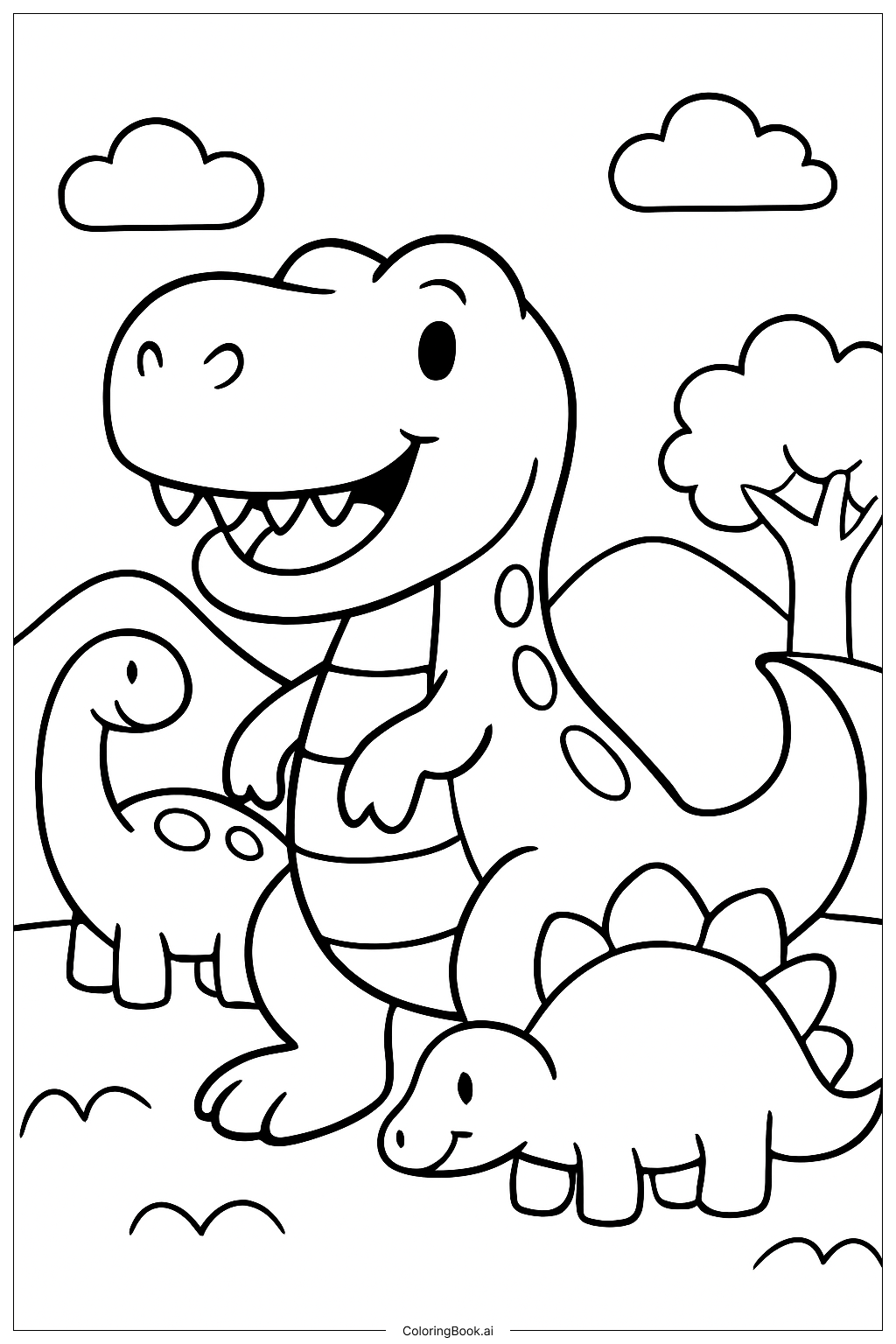 Página para colorear de T-Rex con otros dinosaurios