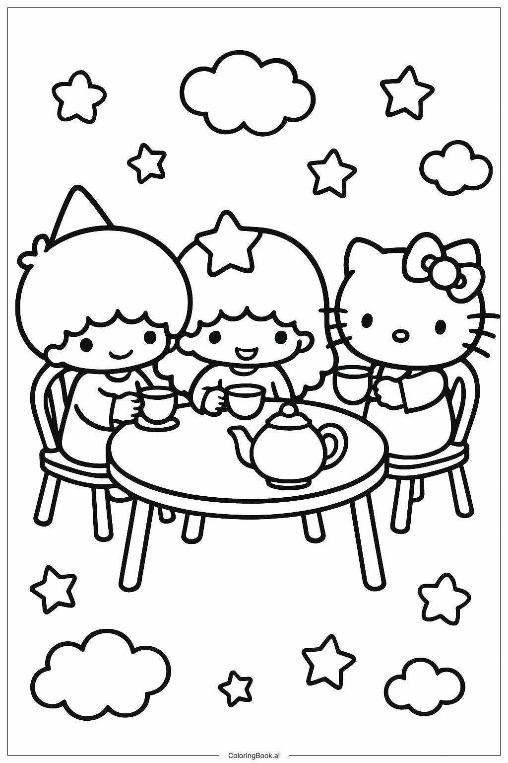 Little Twin Stars And Hello Kitty Tea Party Coloring Page 