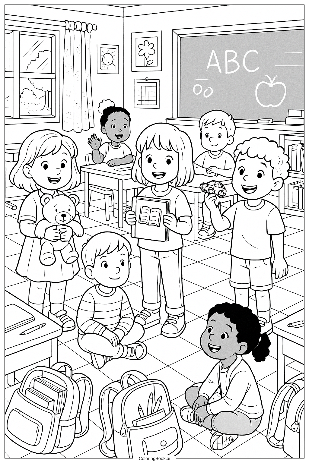  Page de coloriage Premier jour d'école - Montre et raconte 