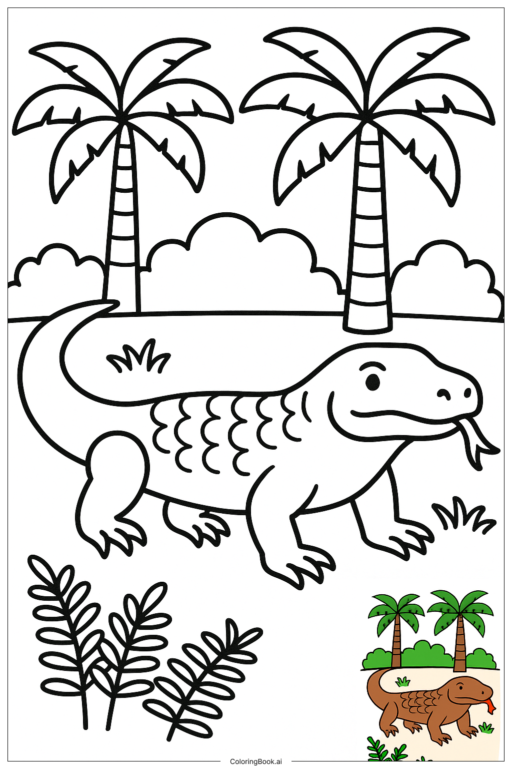  ジャングルの生息地にいるコモドドラゴンの塗り絵ページ 