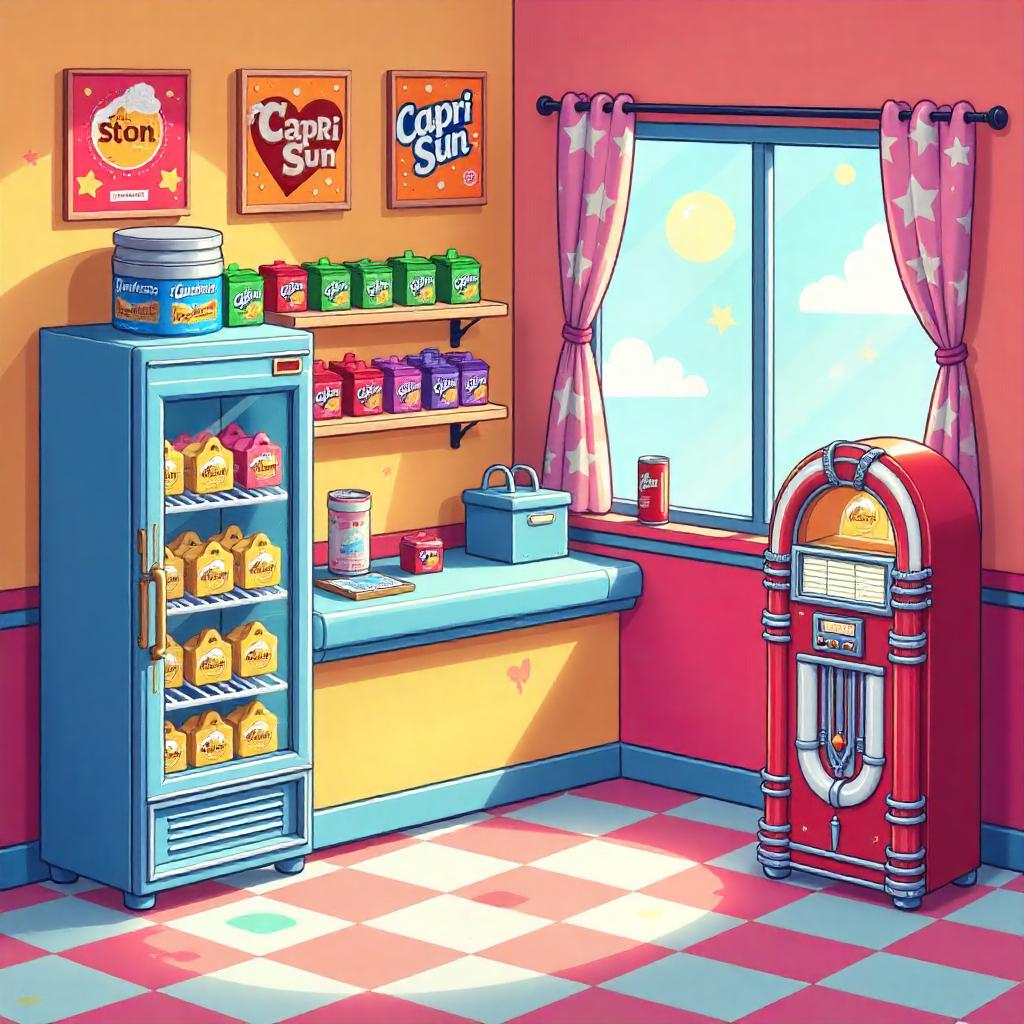 Escena de Cocina Vintage: Jukebox Retro y Exhibición de Capri Sun en una Tienda Acogedora