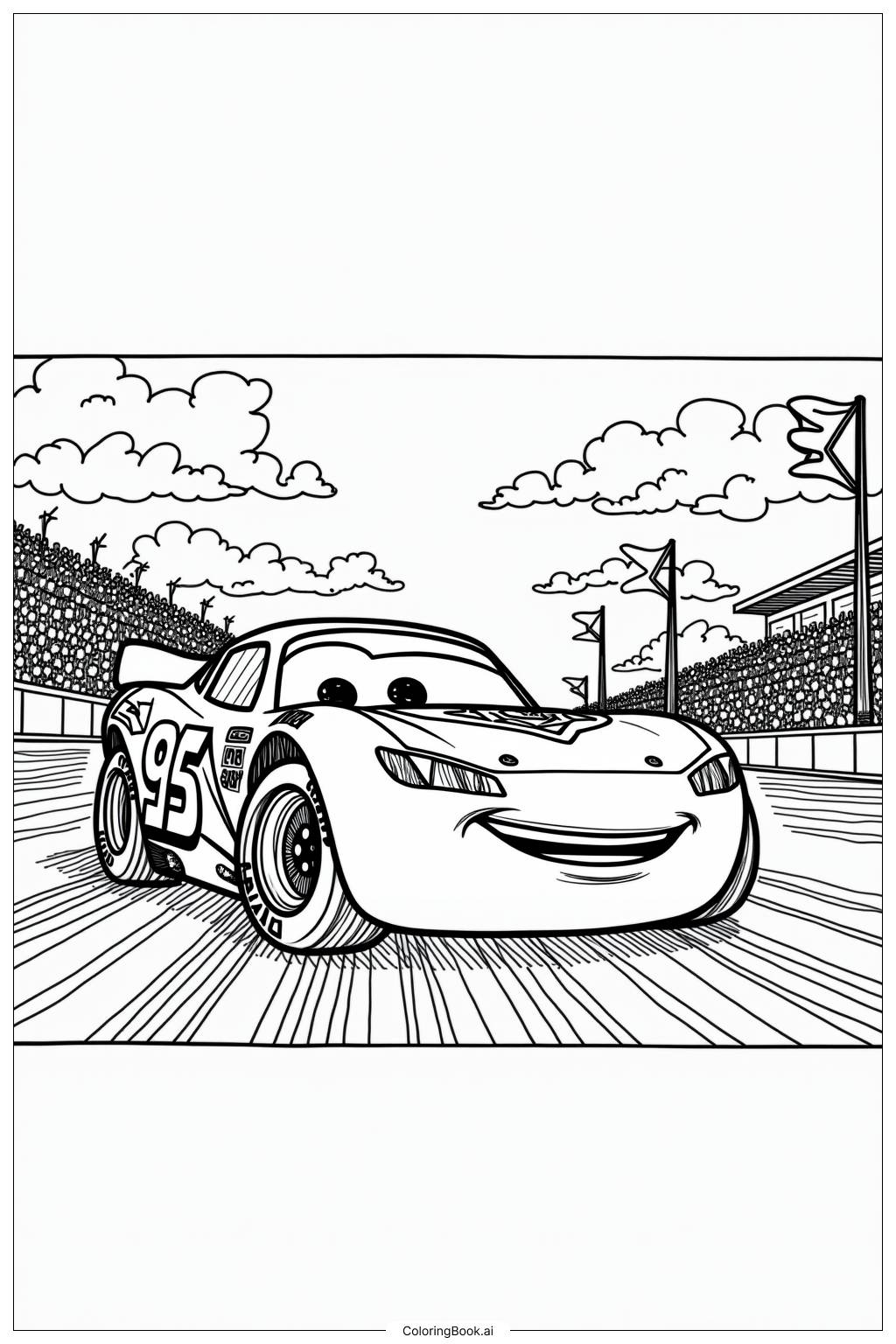  Page de coloriage Lightning McQueen franchissant la ligne d'arrivée 