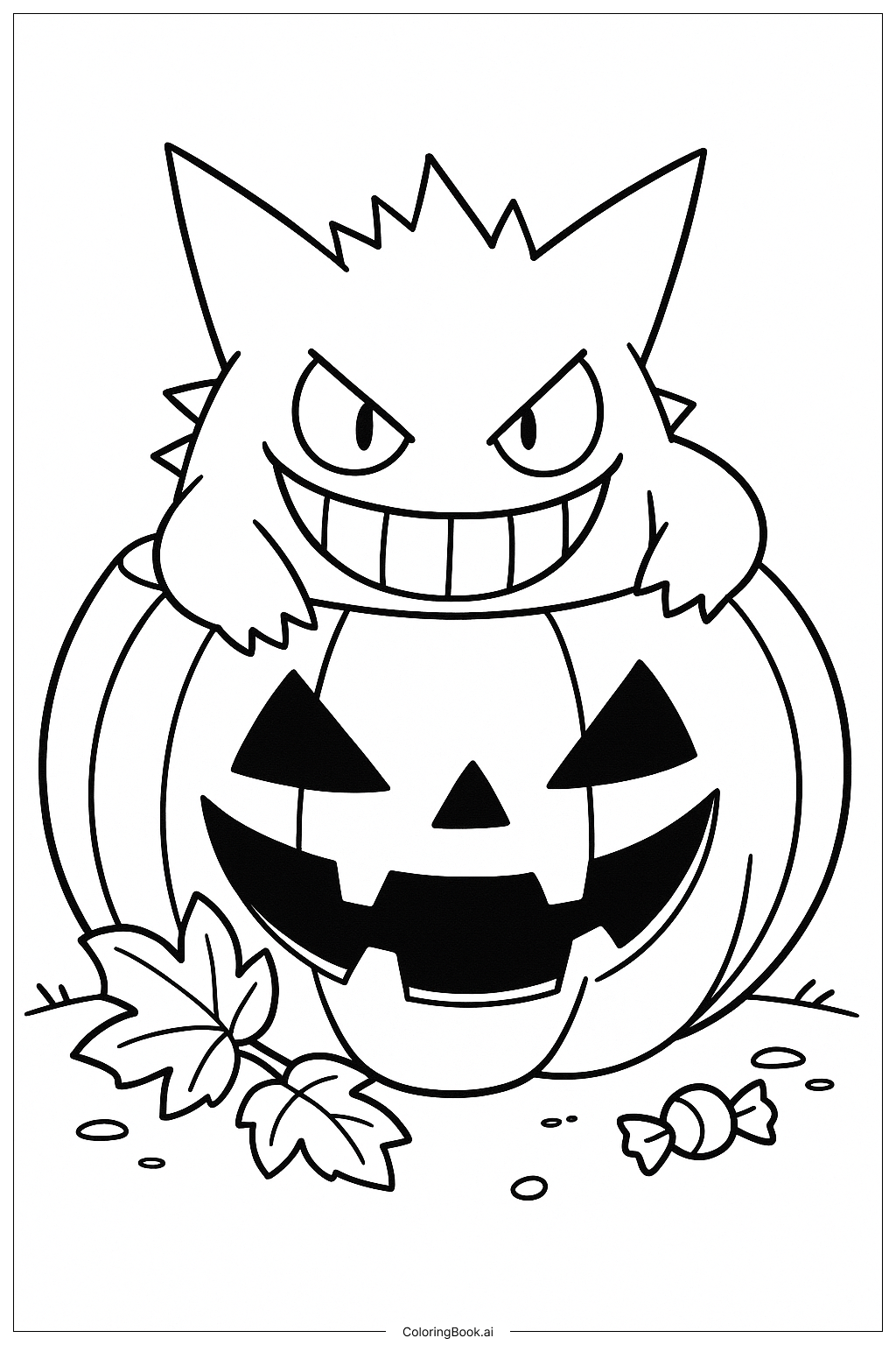  Page de coloriage Gengar à l'intérieur d'une citrouille Jack-o'-lantern 