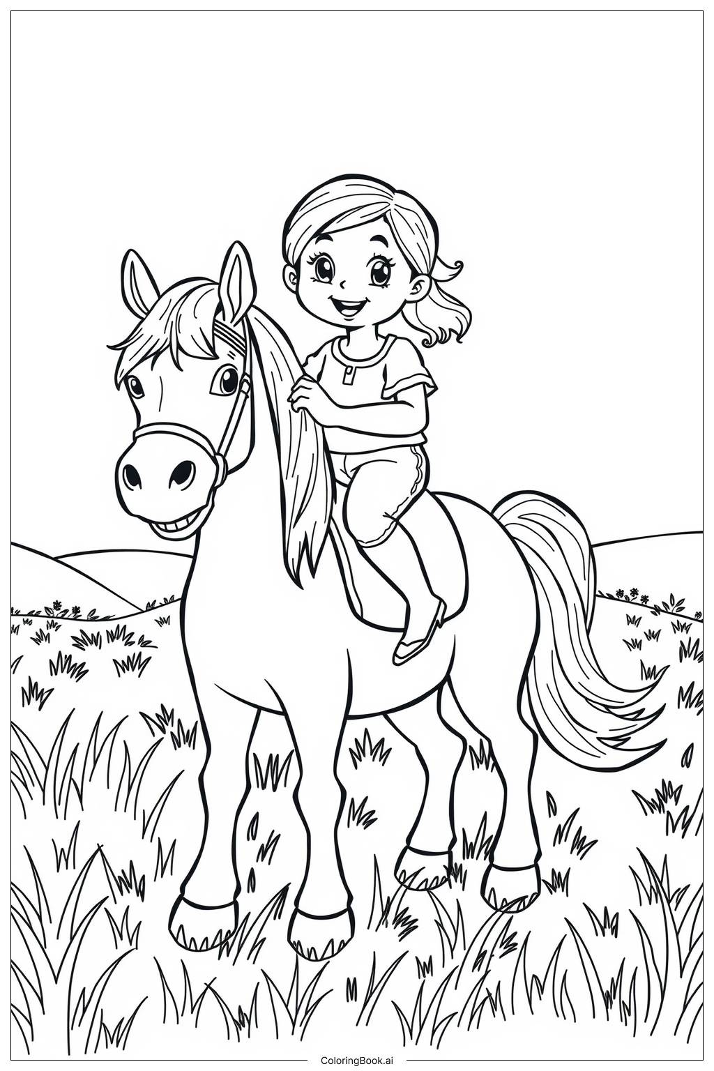  Page de coloriage Fille montant à cheval dans un champ 