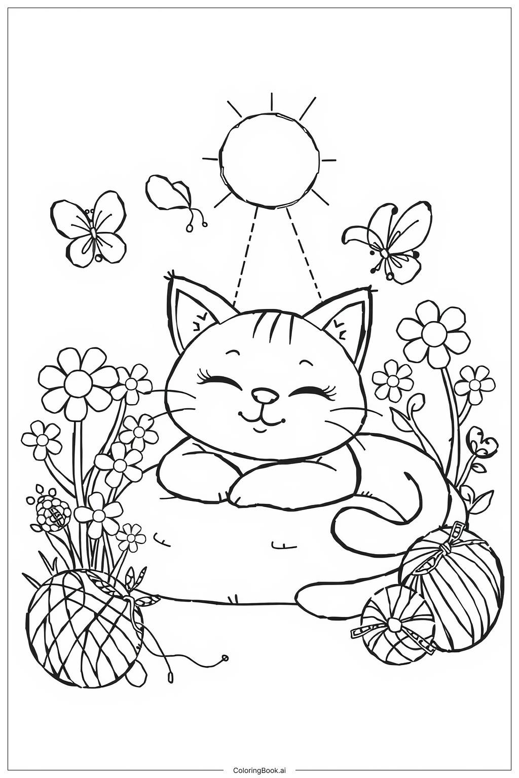  Page de coloriage Chat Heureux Dormant 