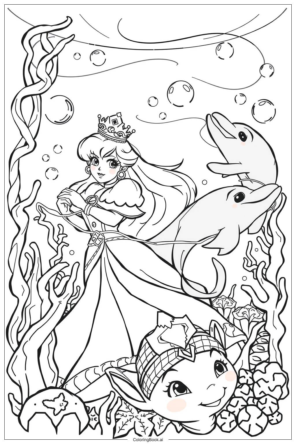  Page de coloriage Princesse Peach nageant avec des dauphins-2 