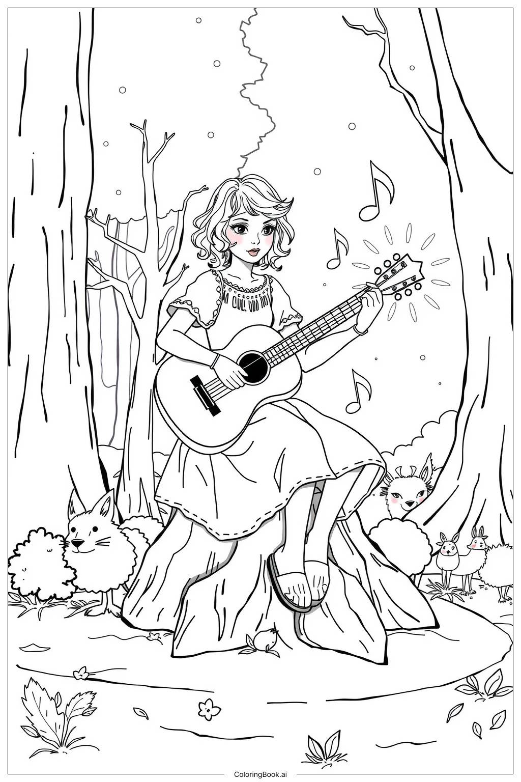  Página para colorear de taylor swift en un bosque de folklore-2 