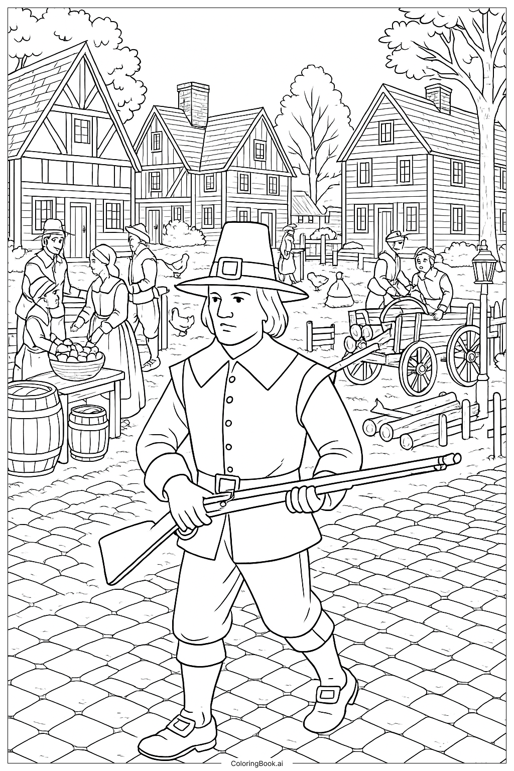  분주한 플리머스 마을의 순례자 색칠공부 페이지 