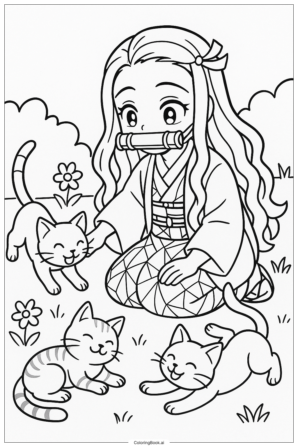 Página para colorear de Nezuko jugando con gatos