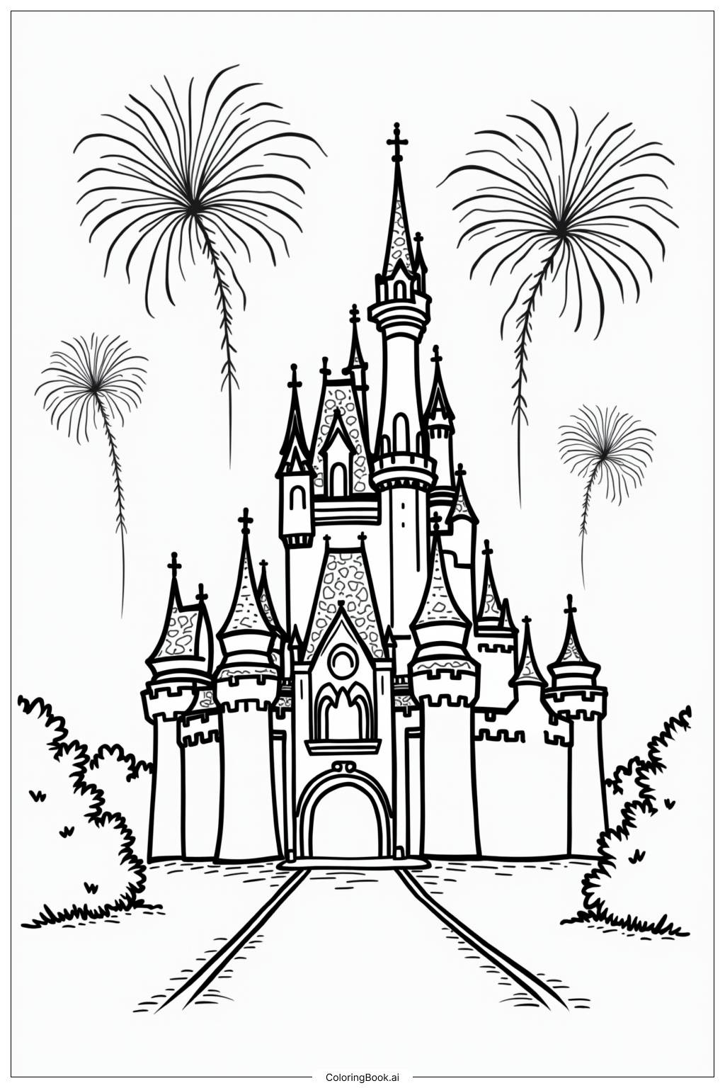  Página para colorear de Castillo de Disney y Fuegos Artificiales 