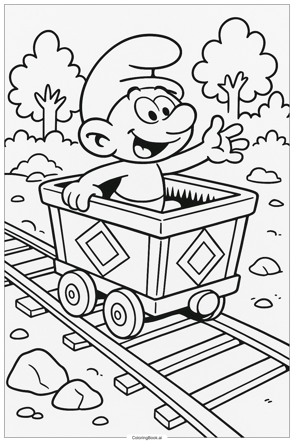  A Smurf Riding A Minecart Coloring Page 