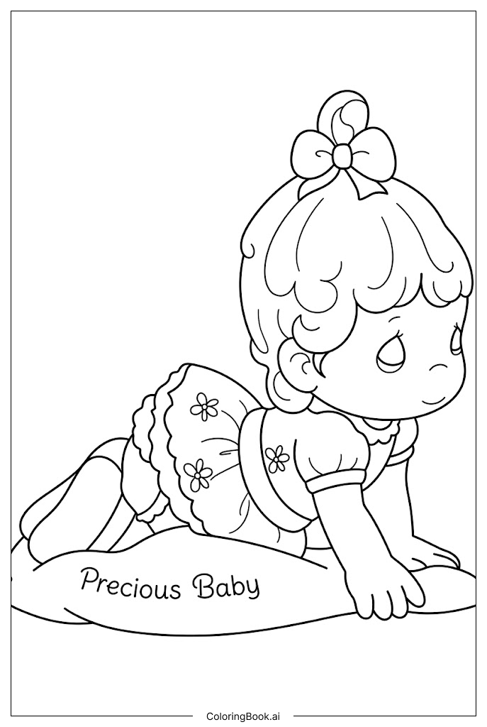  Página para colorear de Bebé de Precious Moments gatea sobre una almohada personalizada 