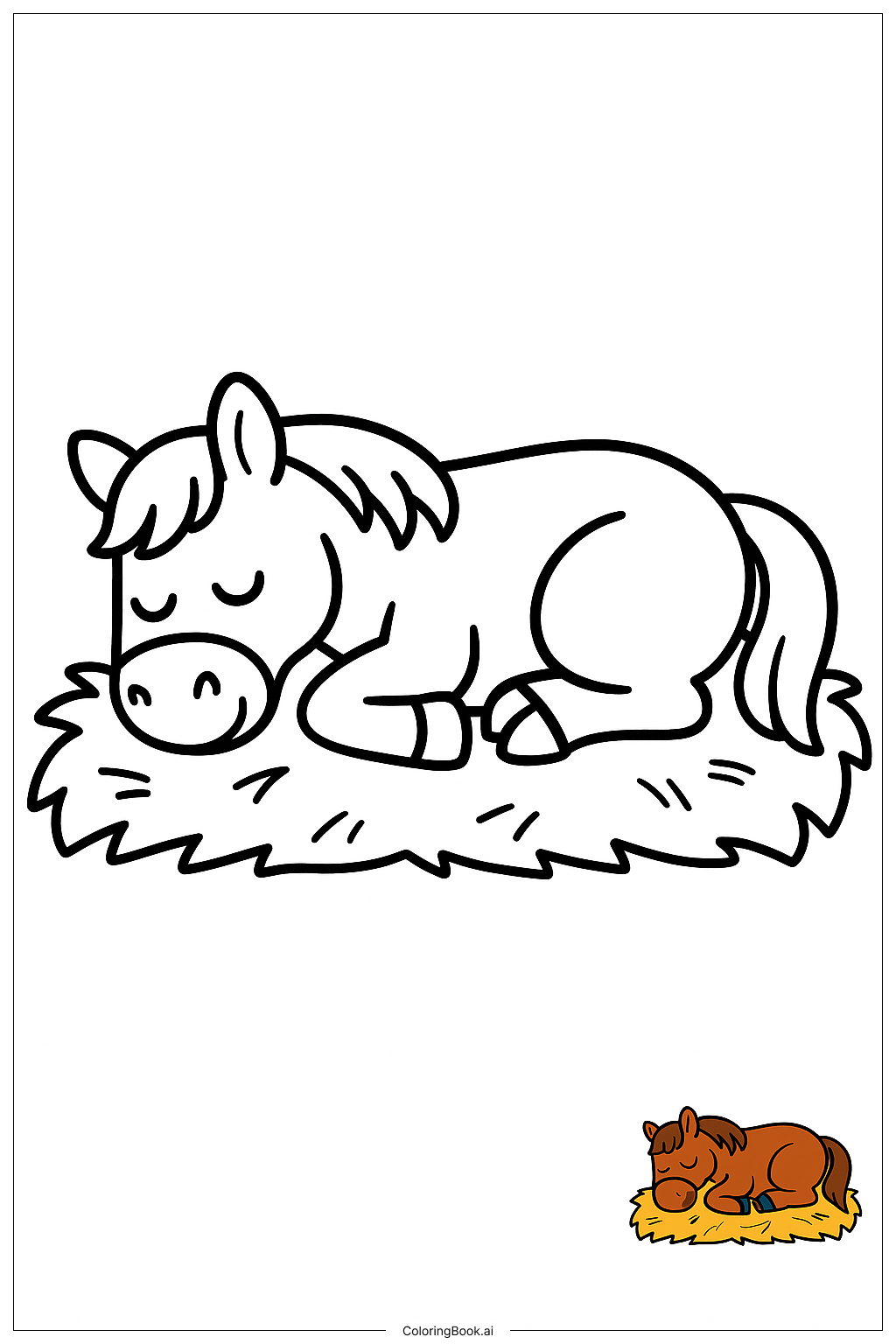  干し草のベッドで眠る馬の塗り絵ページ 