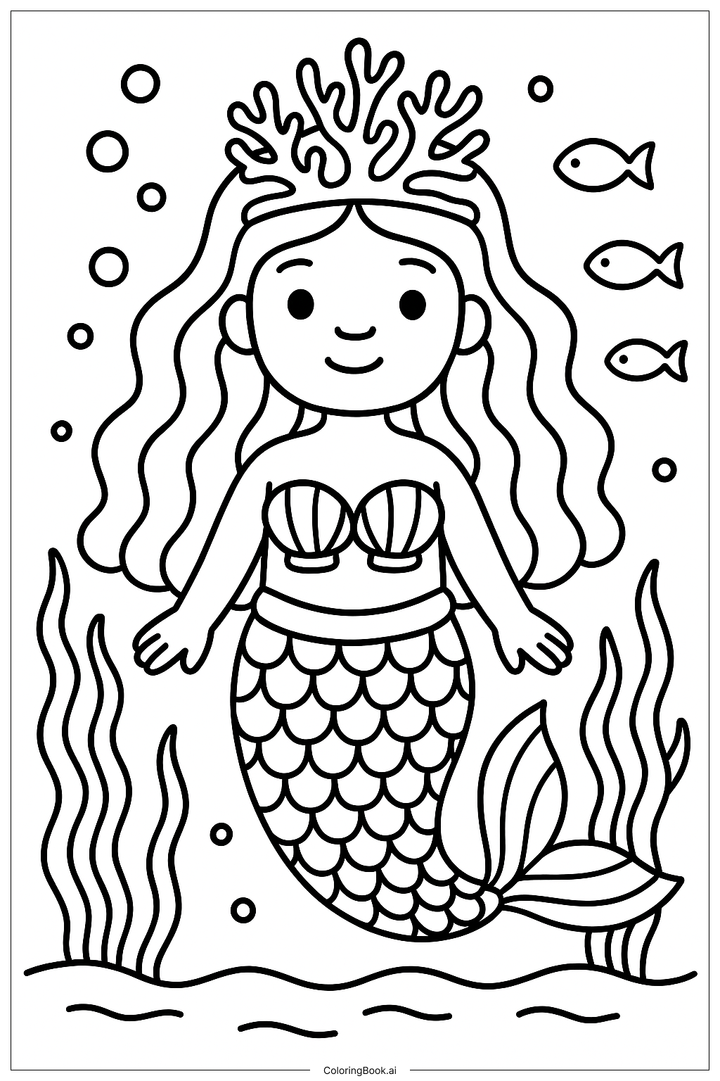  Página para colorear de Sirena negra con corona de coral 