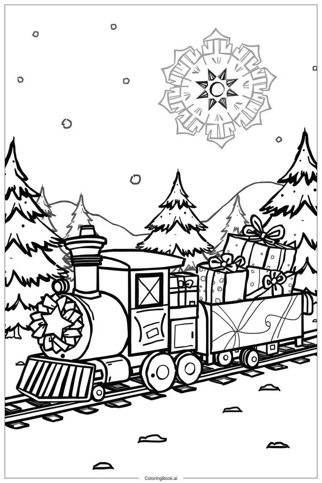  Página para colorir de trem de natal entregando presentes na neve 