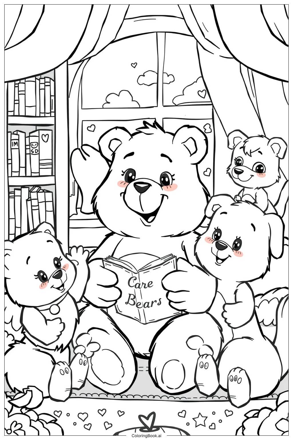  Página para colorear de Care Bear Leyendo una Historia a Amigos-2 