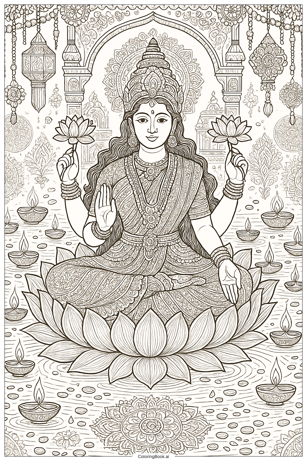 Göttin Lakshmi auf einer Lotusblume während Diwali Ausmalseite
