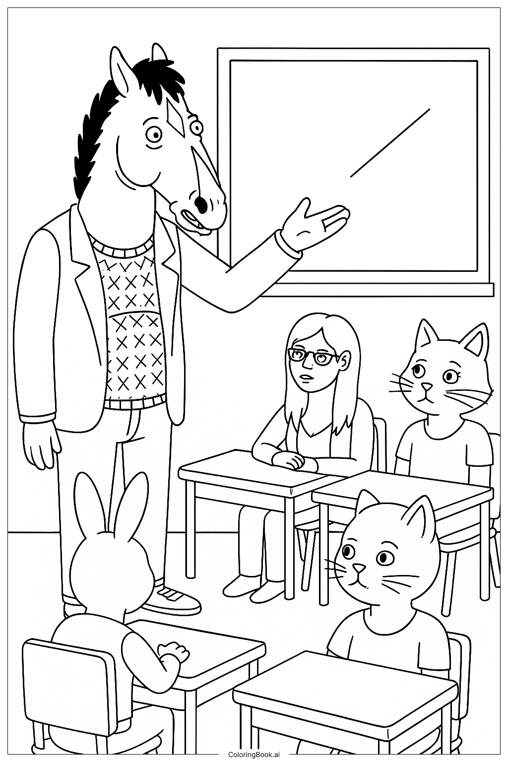  Page de coloriage Bojack Horseman enseigne une classe 