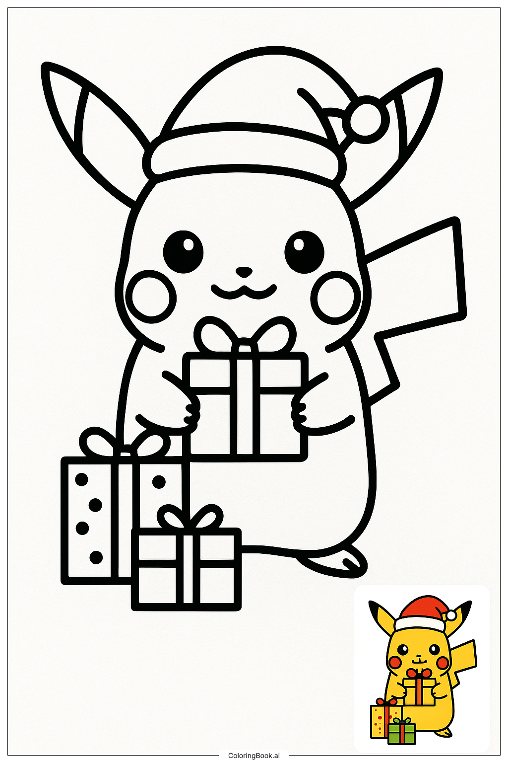  Pikachu With Santa Hat And Gifts Coloring Page 