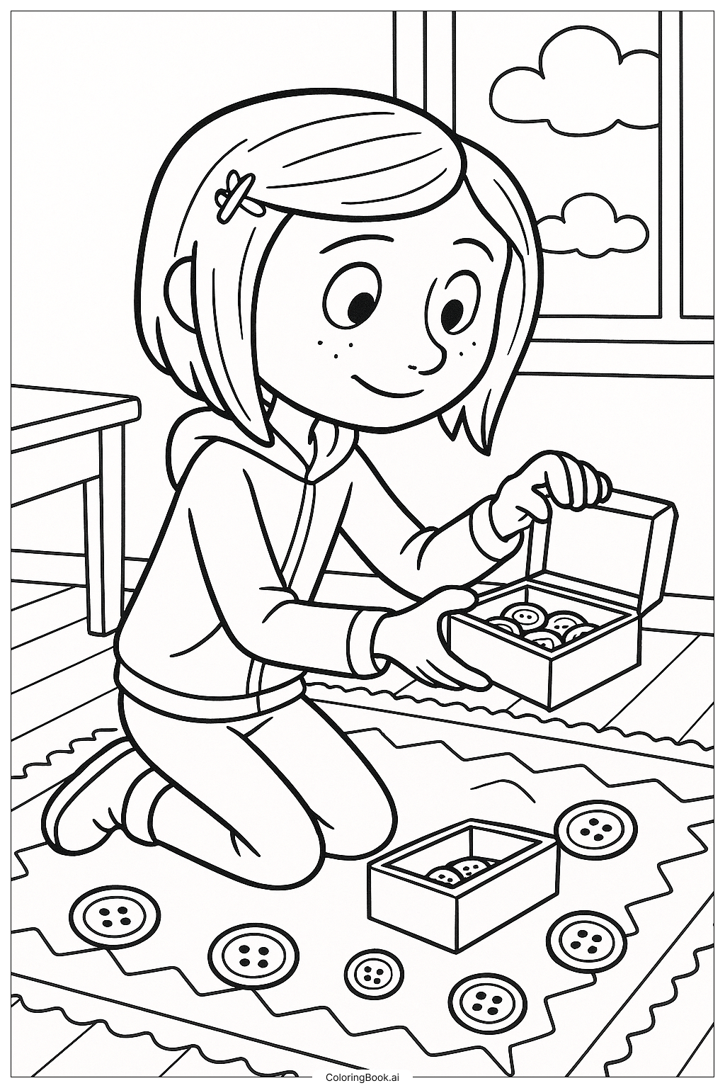  Coraline 發現鈕扣盒著色頁 