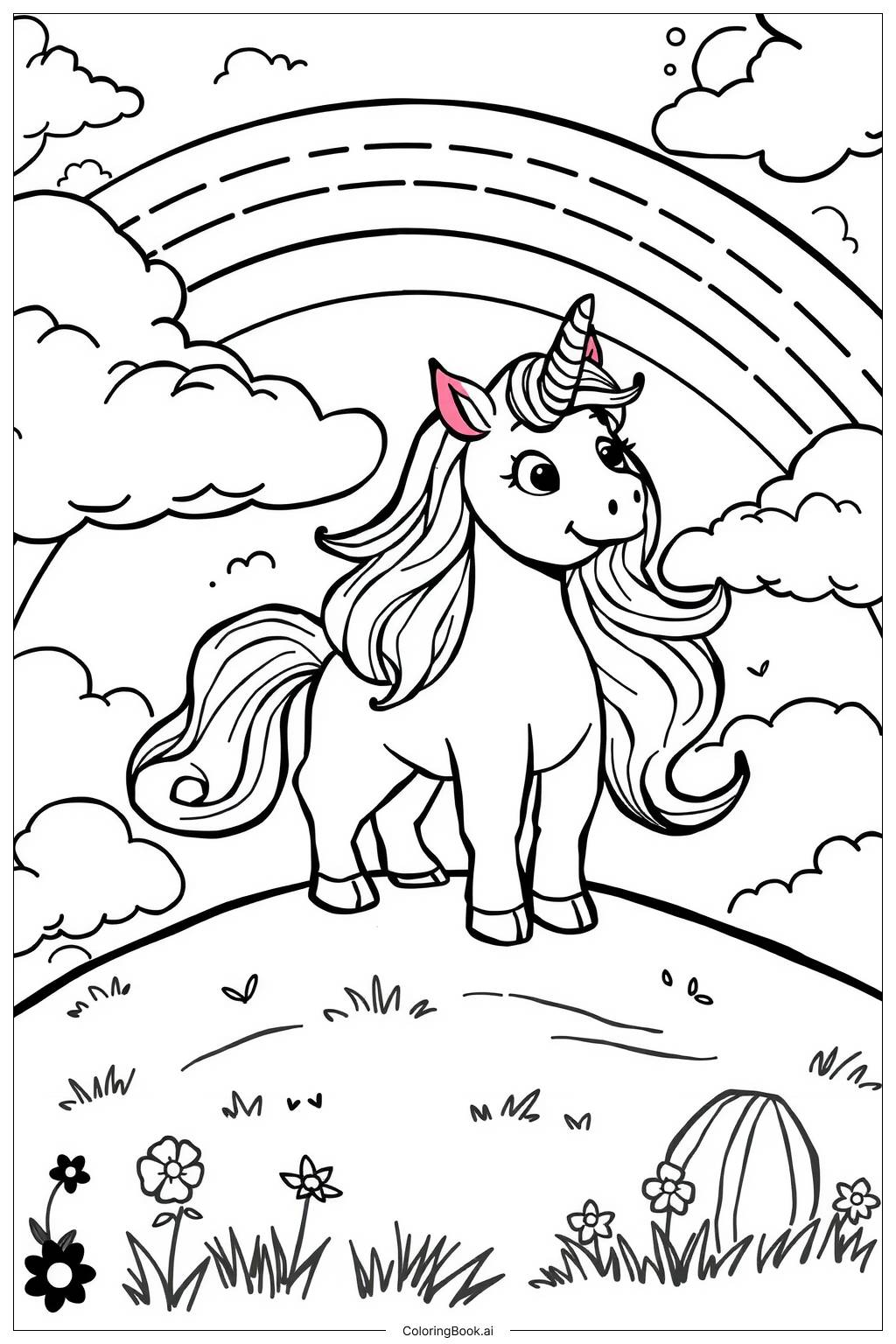  Page de coloriage licorne avec un fond arc-en-ciel 