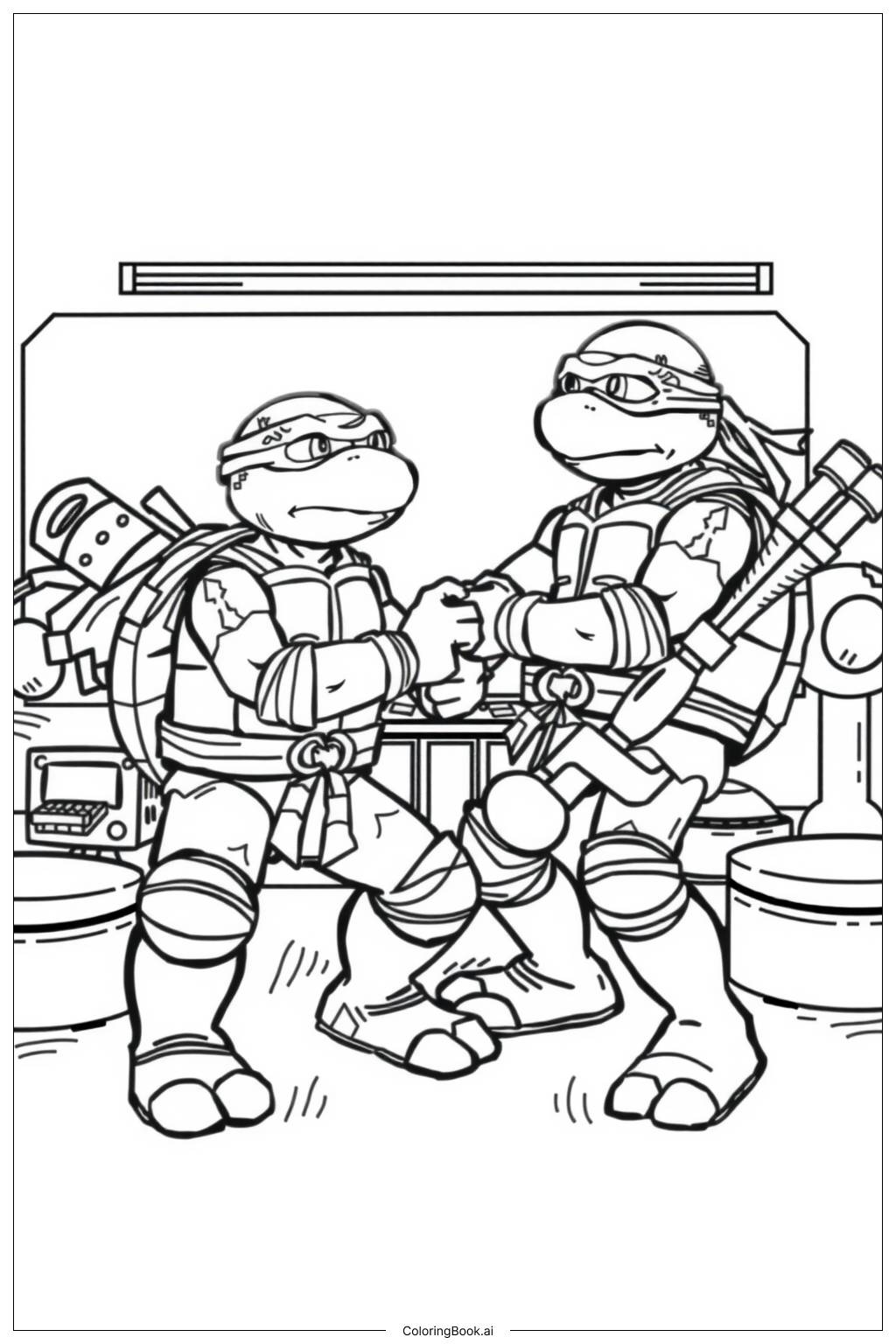  Page de coloriage tortue ninja surmontant des défis grâce au travail d'équipe 