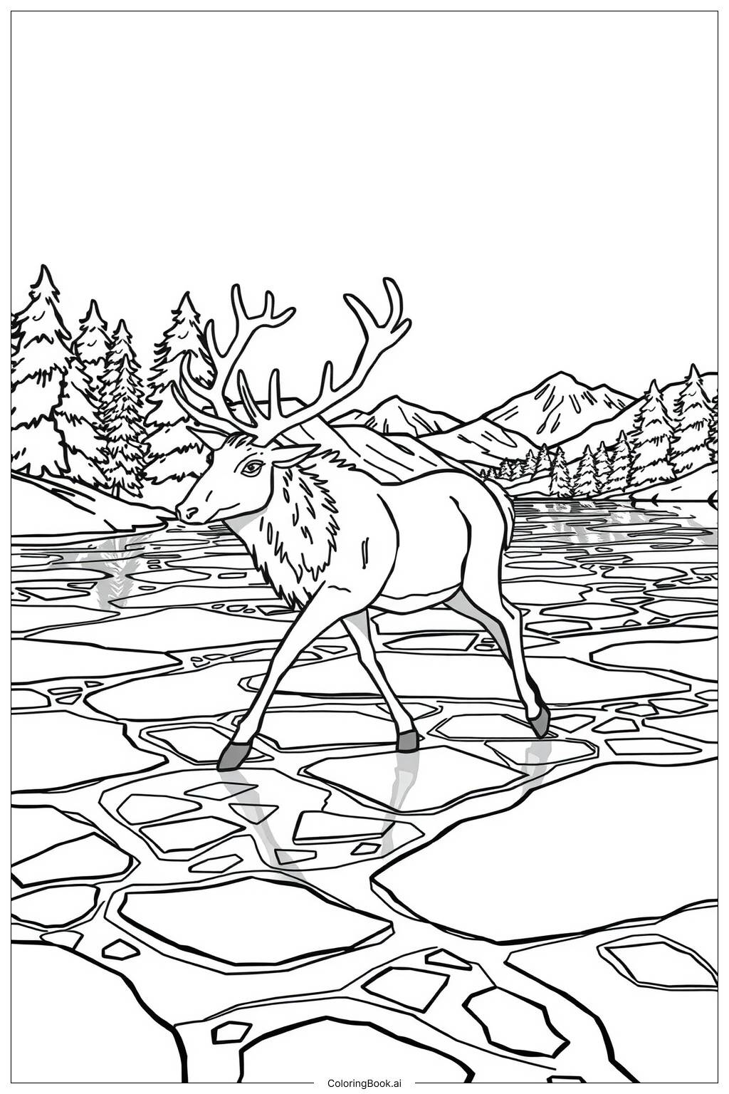  Page de coloriage caribou traversant un lac gelé-2 