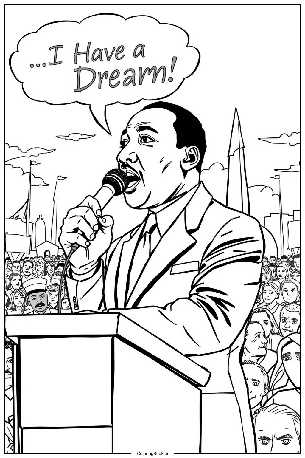  Página para colorear de Martin Luther King entregando el discurso 'Yo tengo un sueño' 