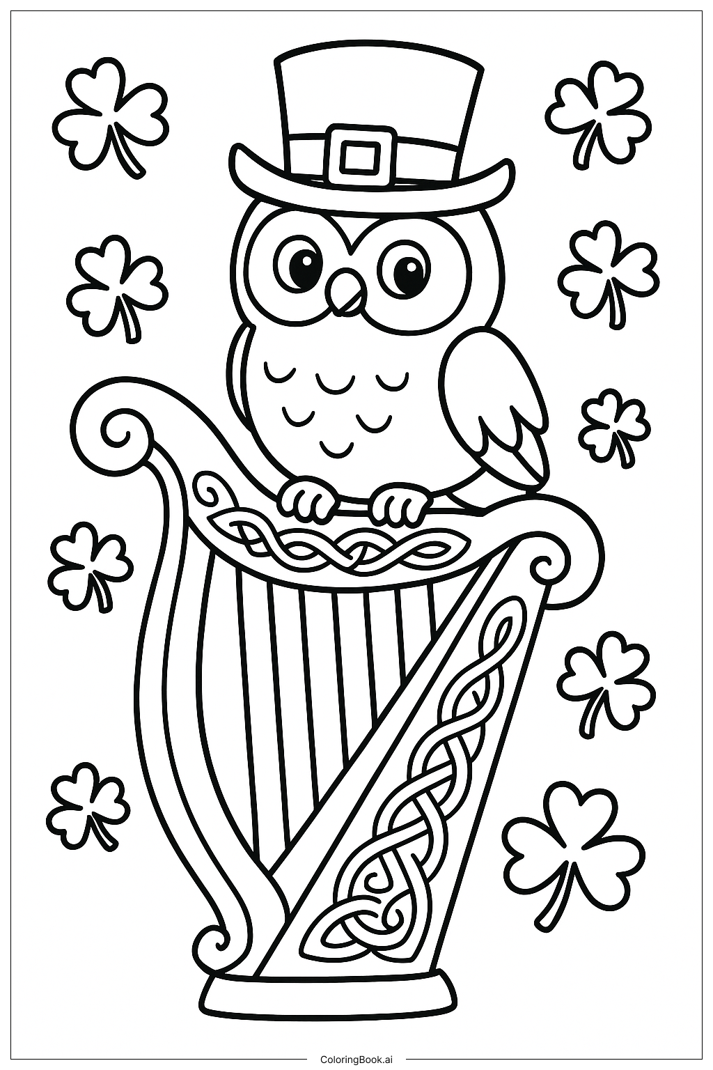  St. Patrick's Day Eule auf Harfe Ausmalseite 