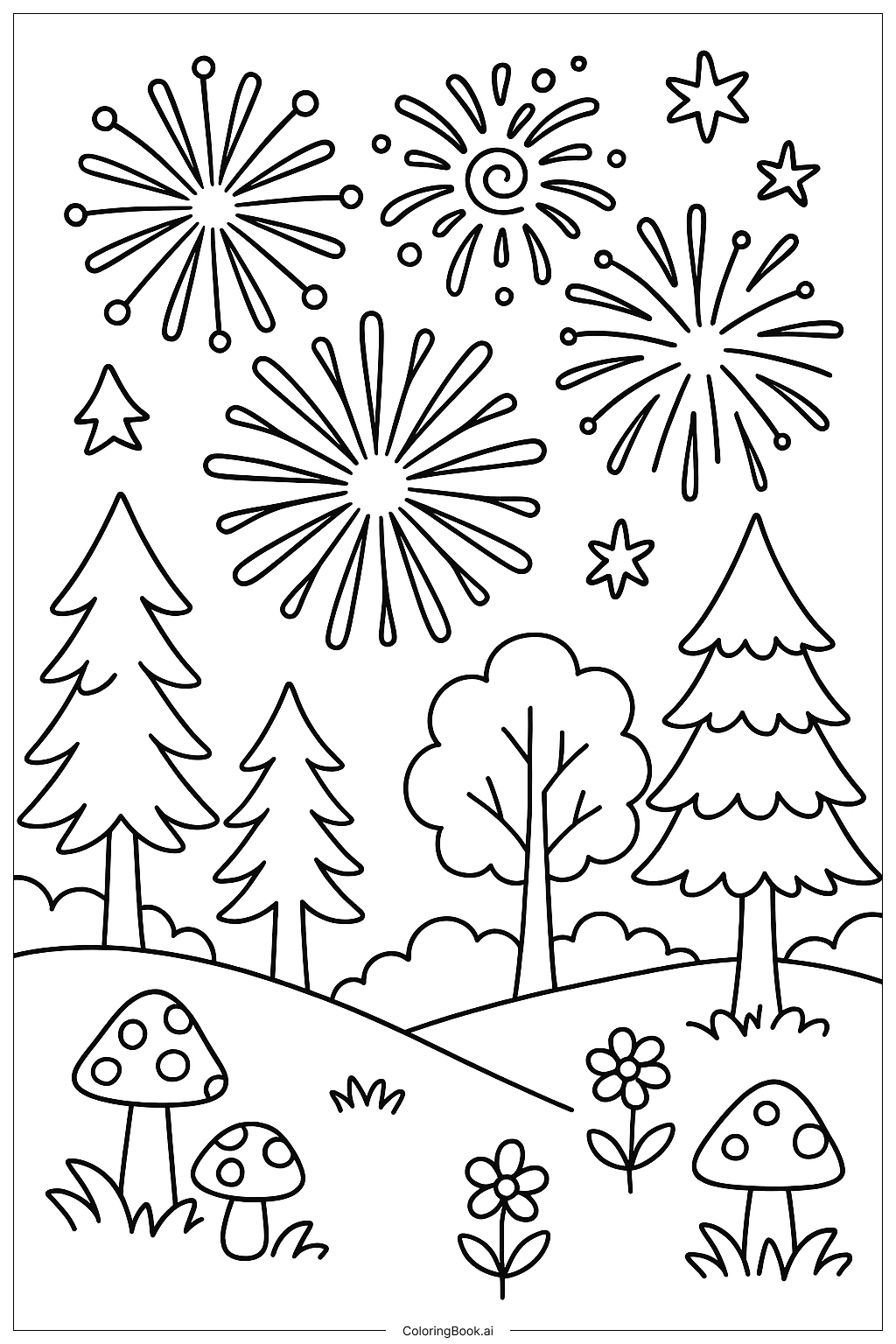 Magical Forest Firework Show Coloring Page