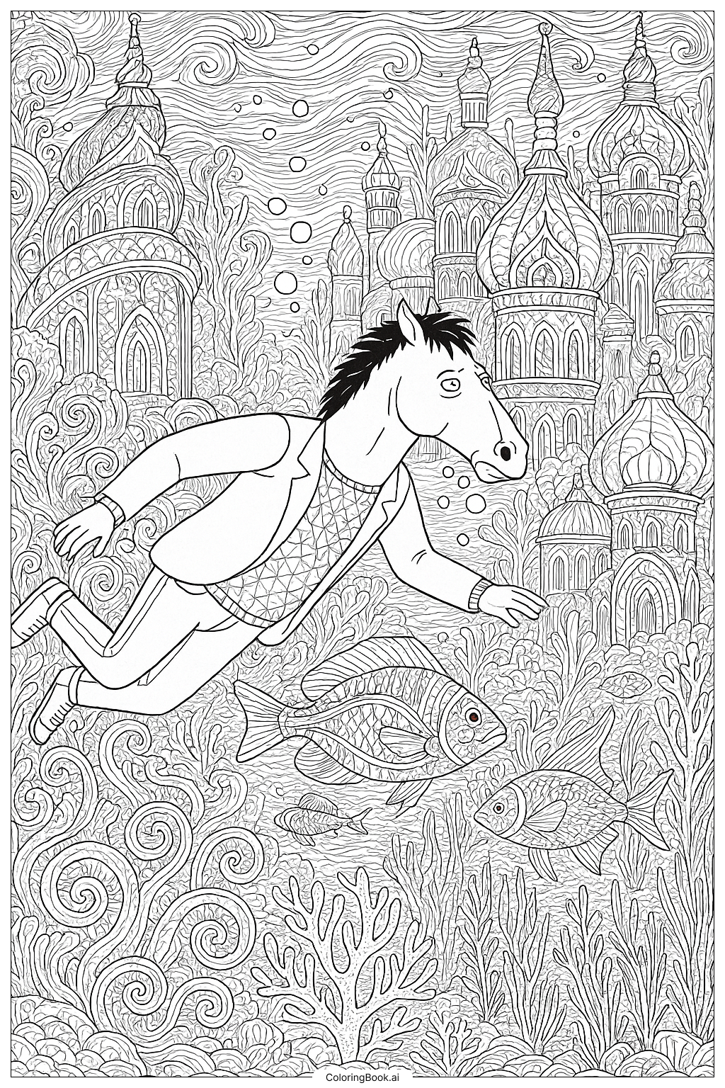  Page de coloriage Bojack Horseman dans la ville sous-marine surréaliste 