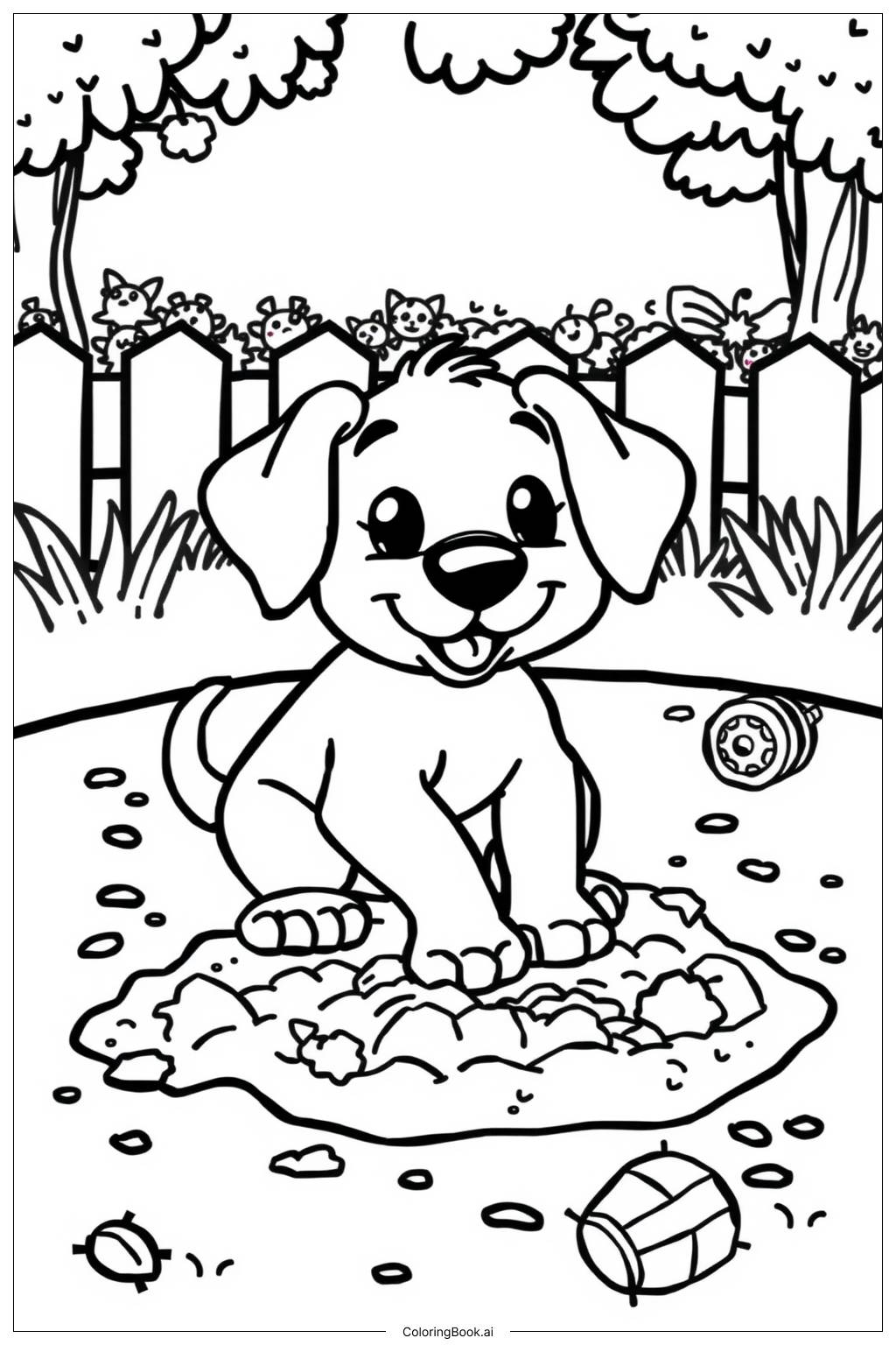  Page de coloriage Chiot en train de creuser dans le jardin 