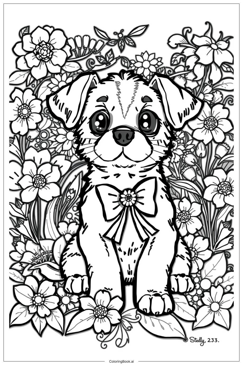  Page de coloriage Chiot Kawaii avec un Nœud 